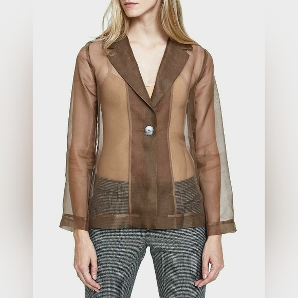 New 0 XS Maryam Nassir Zadeh MNZ Sheer Mesh Blazer Jacket Brown Silk Organza US - Picture 1 of 6